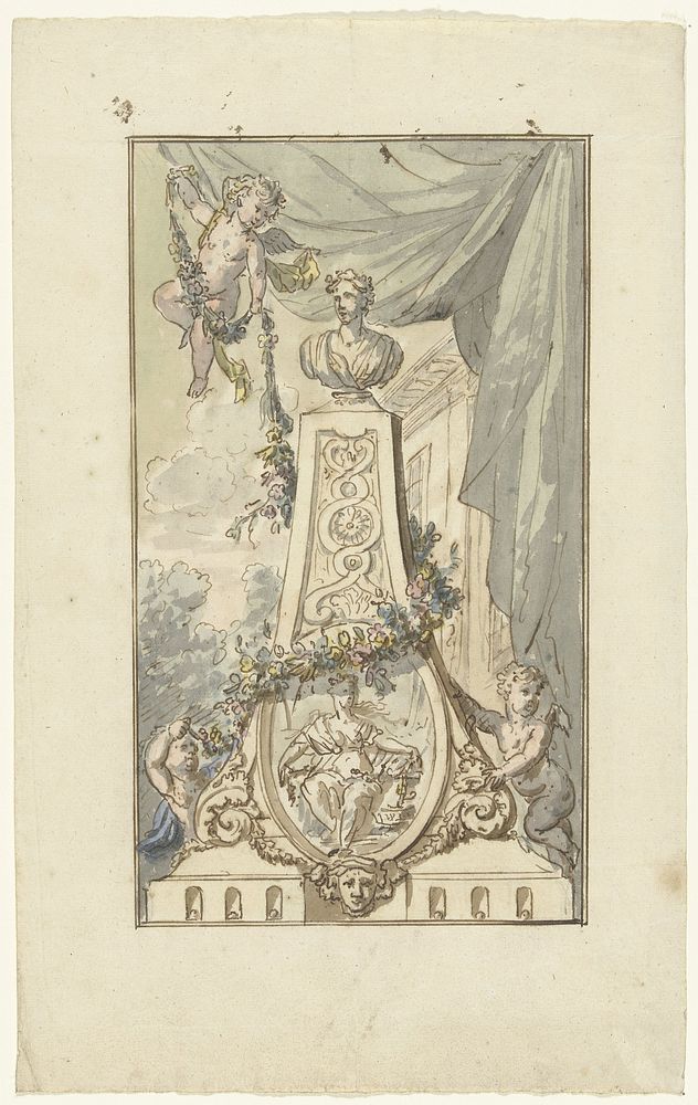 Monument met buste en medaillon, door putti bekranst (1677 - 1755) by Elias van Nijmegen