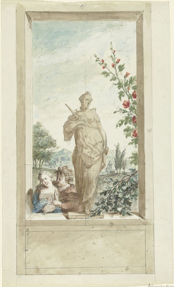 Ontwerp voor een zaalstuk: standbeeld van zintuig Gevoel, daarnaast een liefdespaar (1715 - 1798) by Dionys van Nijmegen