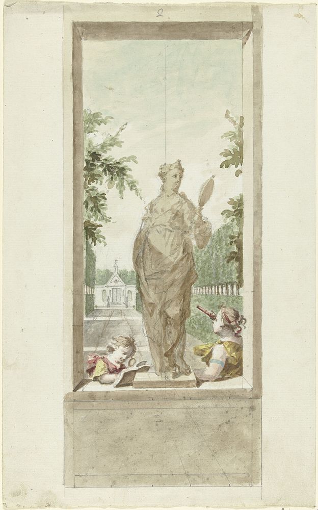 Ontwerp voor een zaalstuk: standbeeld van zintuig Gezicht, daarnaast een jongen met vergrootglas en vrouw met kijker (1715 -…