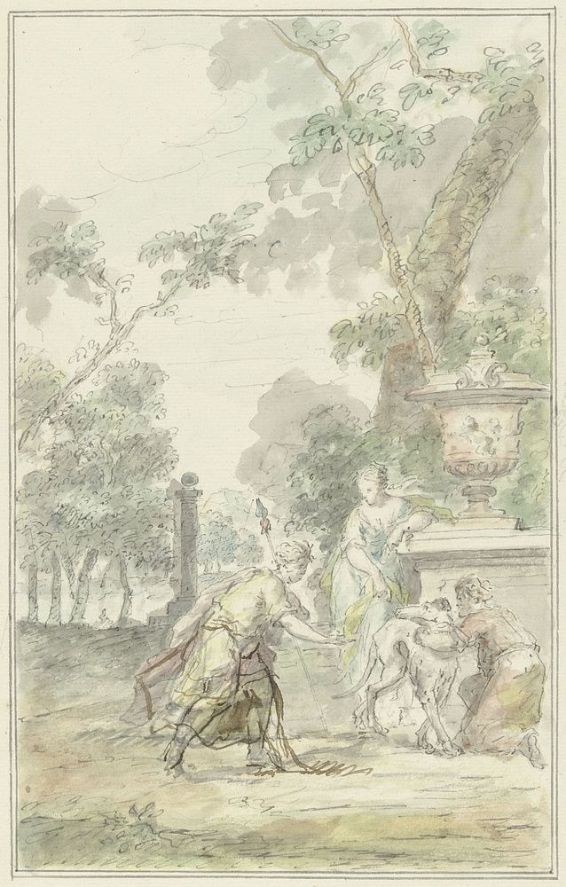 Ontwerp voor een zaalstuk: Dorinda geeft Silvio zijn hond terug (1715 - 1798) by Dionys van Nijmegen