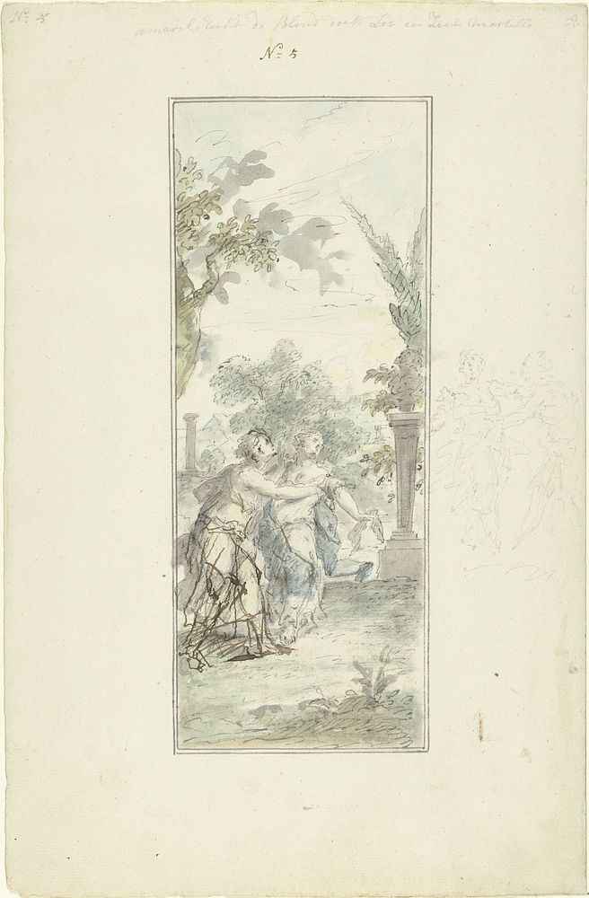 Ontwerp voor een zaalstuk: Amaryllis herkent Myrtillo (1715 - 1798) by Dionys van Nijmegen