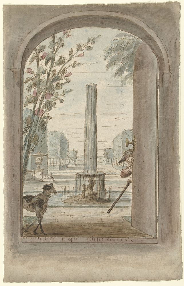 Ontwerp voor een kamerbeschildering met gezicht door een openstaande deur in een tuin met fontein (1715 - 1798) by Dionys…