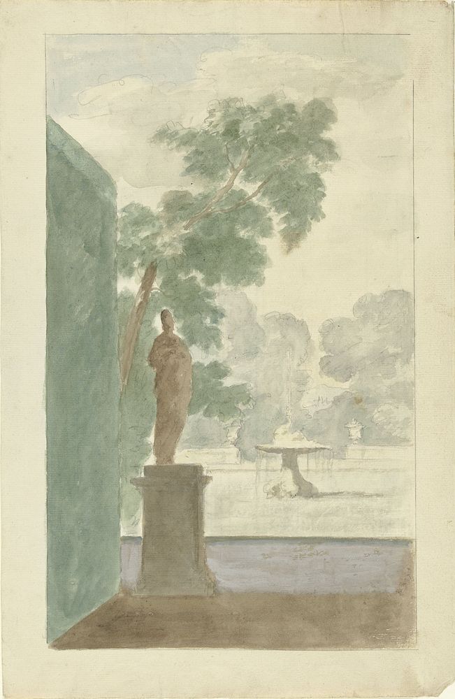 Design for  a Wall Decoration in a Hall: View of a Garden with a Statue, Fountain and Urns (1715 - 1798) by Dionys van…
