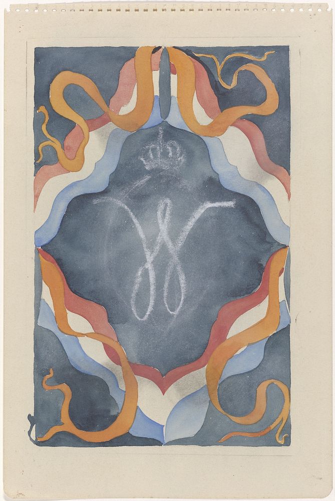 Decoratief ontwerp met gekroonde W en nationale kleuren (1874 - 1945) by Carel Adolph Lion Cachet