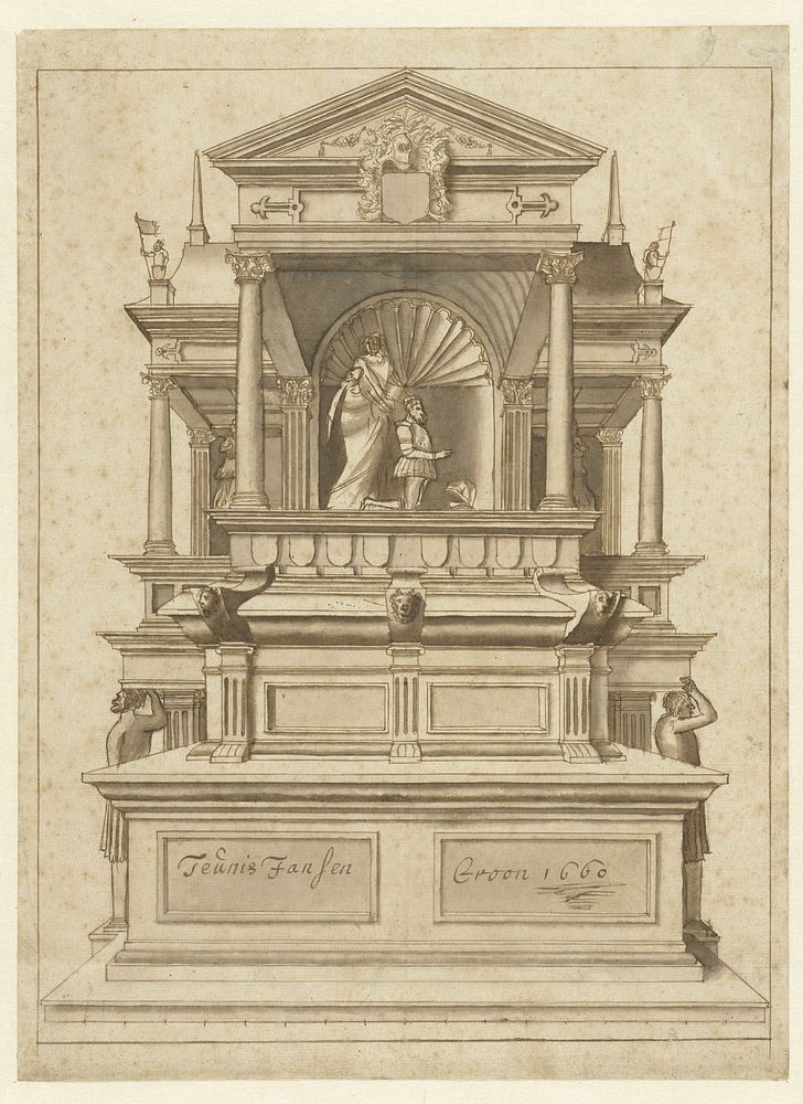 Constructietekening van een grafmonument (1660) by Teunis Jansz Croon, Johannes of Lucas van Doetechum and Hans Vredeman de…