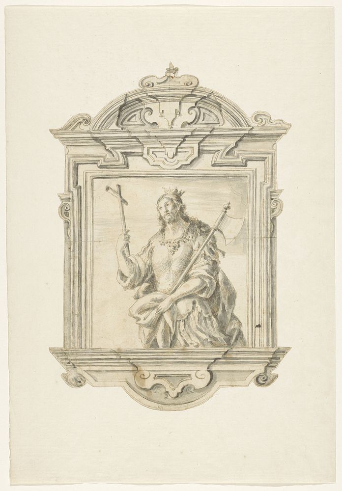 Barokke lijst met voorstelling van een martelaar in kniestuk, met een kruis en bijl in de hand (1600 - 1699) by anonymous