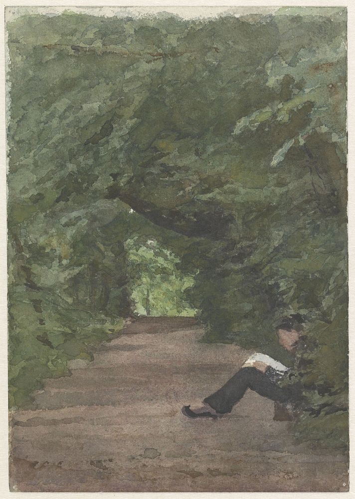Lezende man in boslaan (1874 - 1925) by Jan Veth