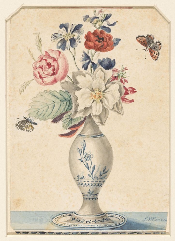 Vaasje met bloemen en een grijsgele vlinder (1800 - 1900) by L W Garrison