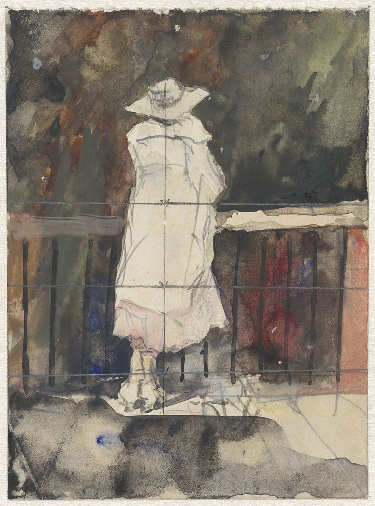 Staande vrouw voor een balustrade, op de rug gezien (1860 - 1921) by Adolf le Comte