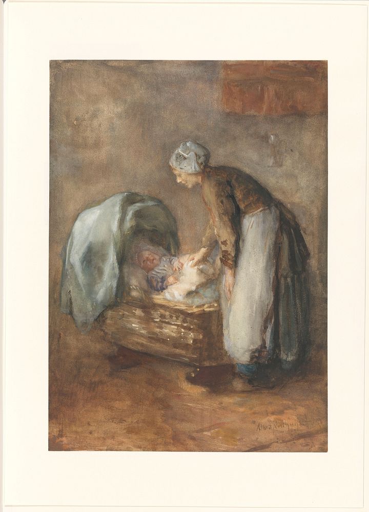 Staande vrouw bij een wieg (c. 1854 - c. 1914) by Albert Neuhuys 1844 1914