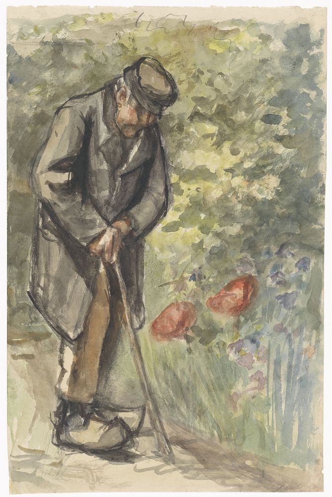 Oude man leunend op zijn stok (1834 - 1911) by Jozef Israëls