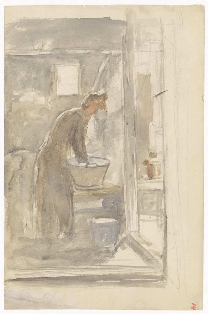Interieur met vrouw aan de wastobbe (1834 - 1911) by Jozef Israëls