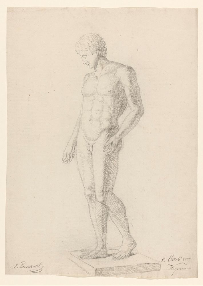 Gips van een antiek beeld van een staande naakte man (1827) by Johannes Tavenraat and anonymous