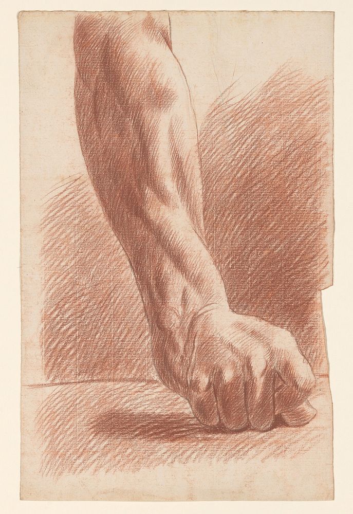 Academiestudie naar een gips van een antiek beeld: detailstudie van een arm met vuist (1819 - 1881) by Johannes Tavenraat…