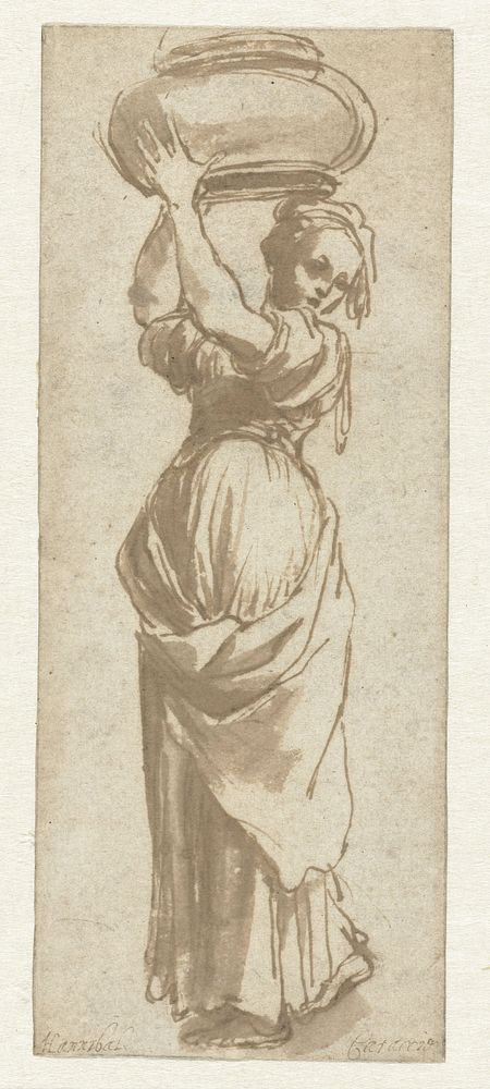 Lopende vrouw met een kom boven haar hoofd (1570 - 1613) by Cigoli