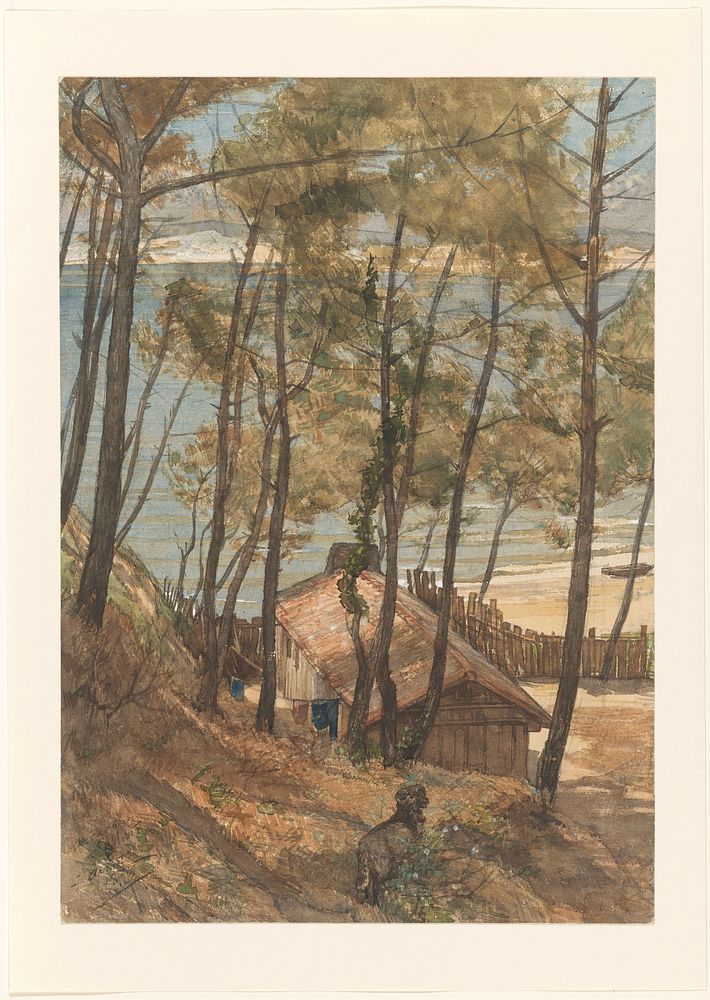 Gezicht vanaf een heuvel op een huisje aan de golf van Arcachon (1876) by August Allebé