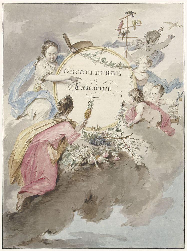 Titelblad voor kunstboek met Gecouleurde Teekeningen (1745 - 1808) by Gerard van Nijmegen