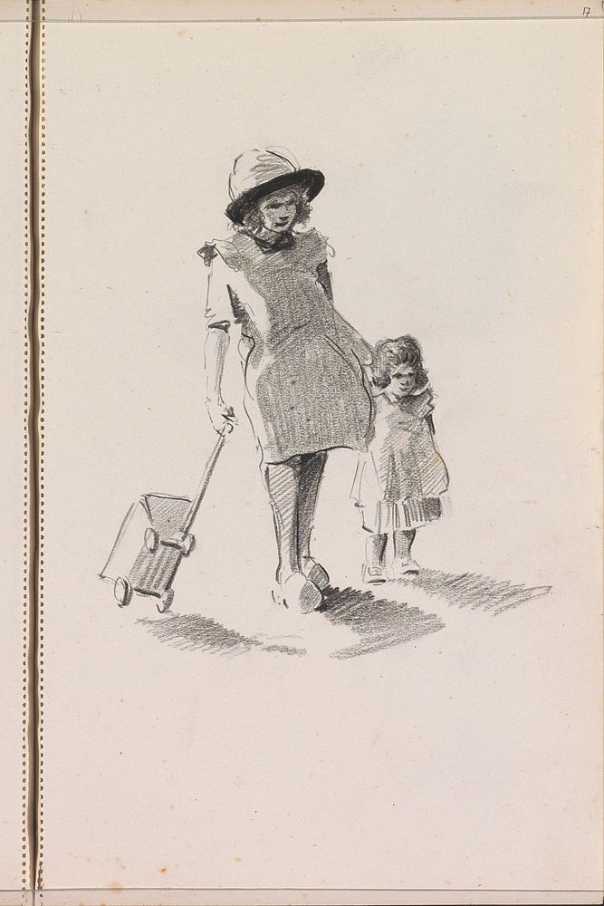 Twee hand in hand lopende meisjes met een bolderkar (c. 1922 - c. 1925) by Otto Verhagen I