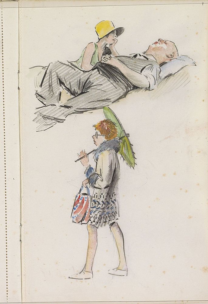 Liggend stel en een vrouw met een parasol (c. 1928 - c. 1930) by Otto Verhagen I