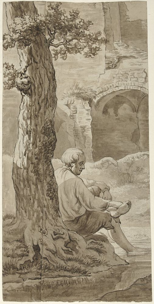 Man onder een boom bij een watertje (1766 - 1815) by Jacob van Strij