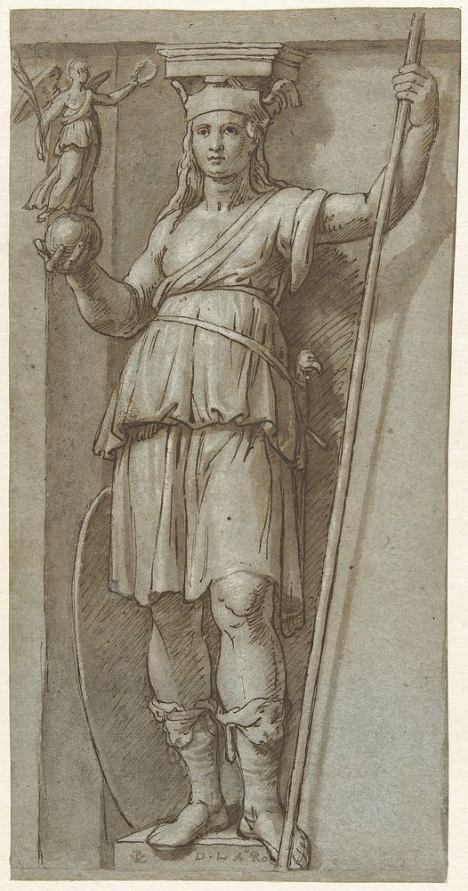 Staande vrouw met een staf en een figuur op een bol in haar handen (1619 - 1690) by Peter van Lint and Rafaël