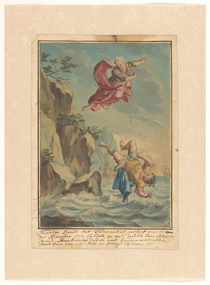 Mentor gooit Telemachus van een rots en springt hem achterna (1719 - 1775) by Rienk Keyert
