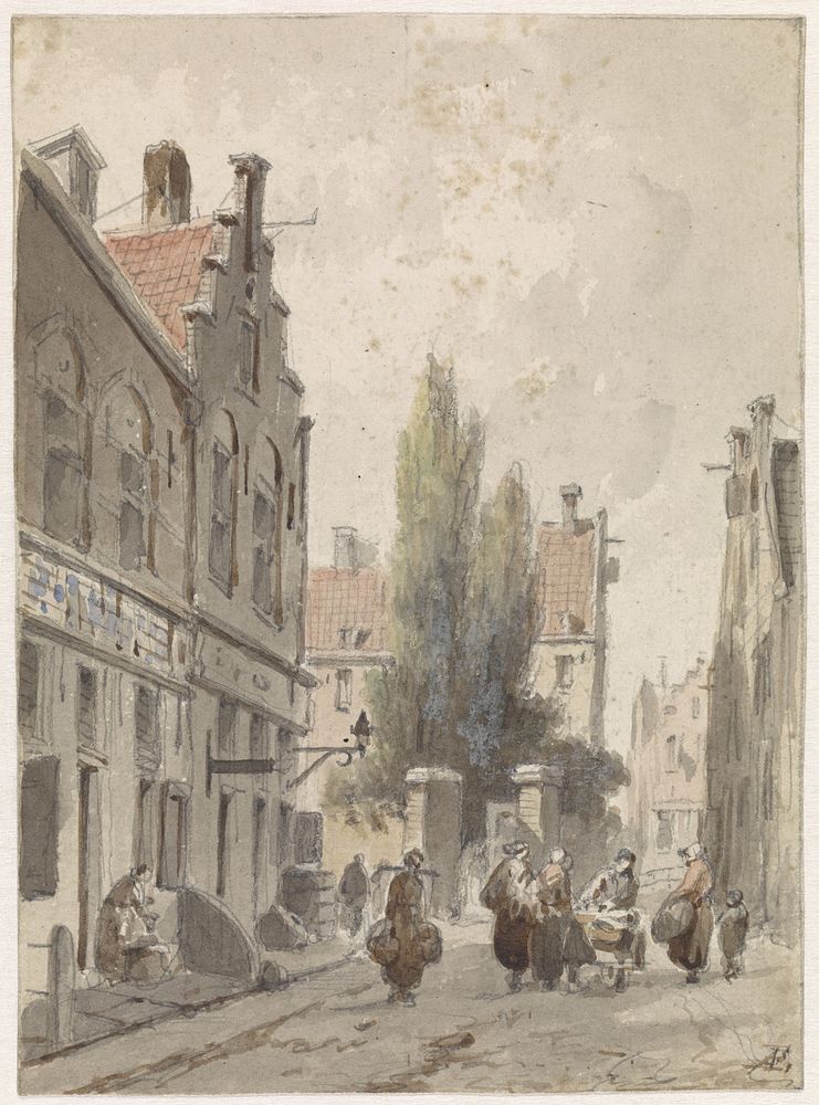 Stadsgezicht met een marskramer (1828 - 1897) by Adrianus Eversen