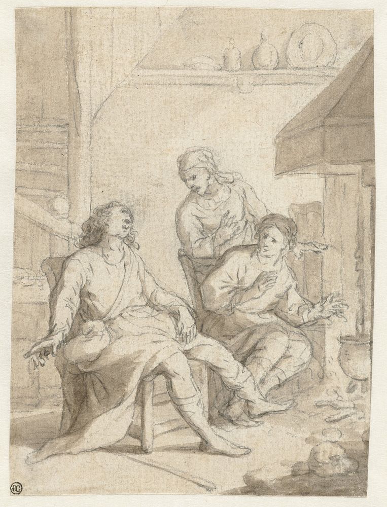 Man en twee vrouwen in een keuken bij het vuur (1650 - 1699) by anonymous and Samuel van Hoogstraten