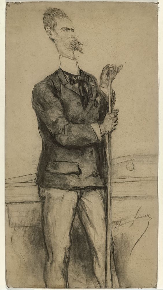 Karikatuurportret van Willem Martens, zijn biljartkeu krijtend (1870 - 1899) by Elchanon Verveer