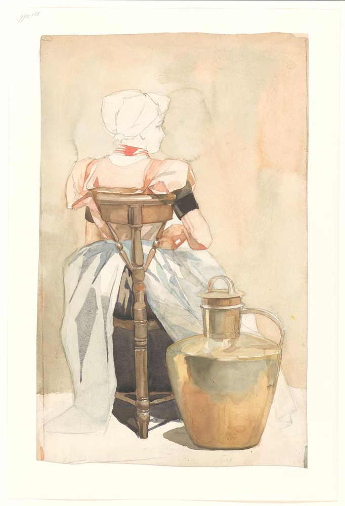 Zittend meisje in klederdracht, op de rug gezien (1868 - 1940) by Johan Braakensiek