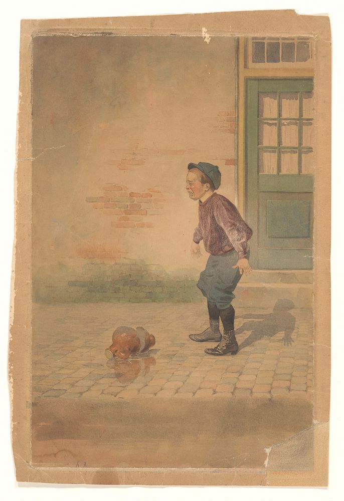 Huilend jongetje bij gebroken kruik (1868 - 1940) by Johan Braakensiek