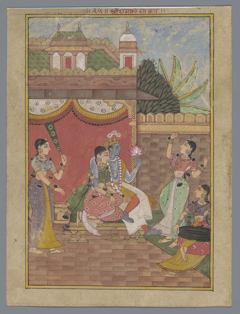 Radha en Krishna in een paleis (Ragamala) (c. 1610 - c. 1620) by anonymous
