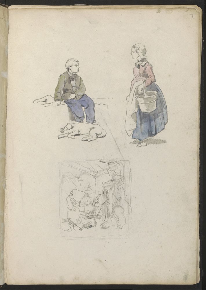 Jongen met hond, vrouw met een mand en een interieur met figuren (1837 - 1881) by Johannes Huybertus van Hove Bzn
