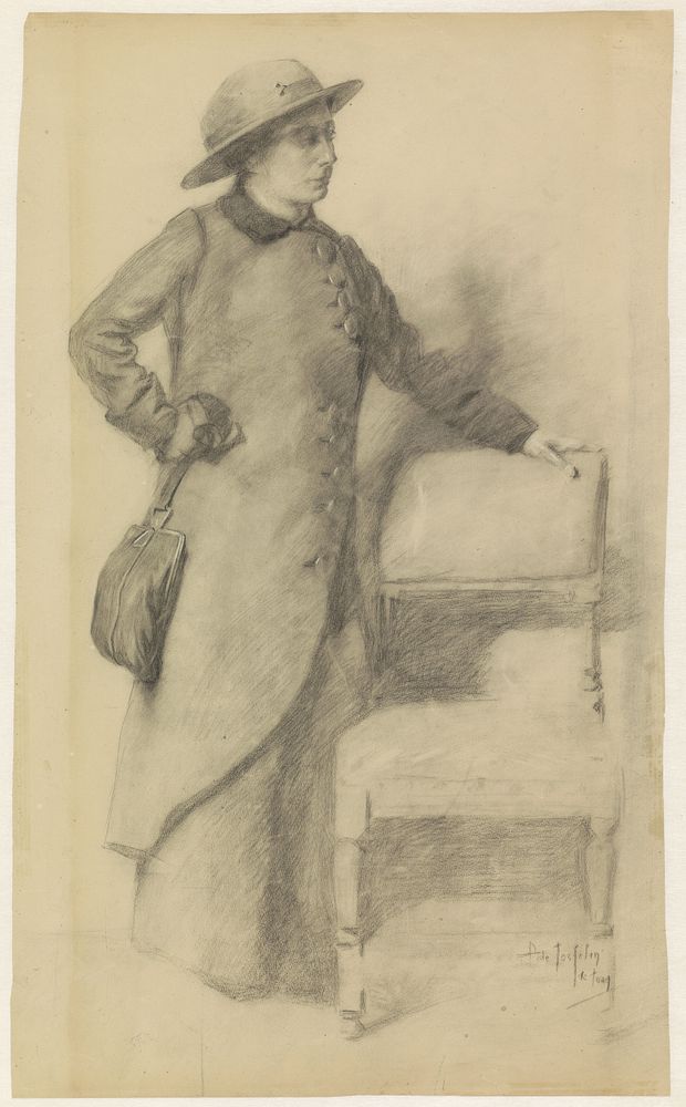 Staande dame met hoed en mantel (c. 1871 - c. 1906) by Pieter de Josselin de Jong