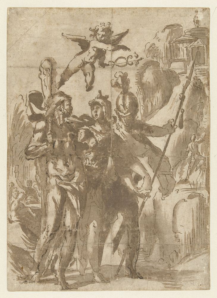Hercules en Scipio geleid door Minerva op het pad der deugd (c. 1591) by Bartholomeus Spranger