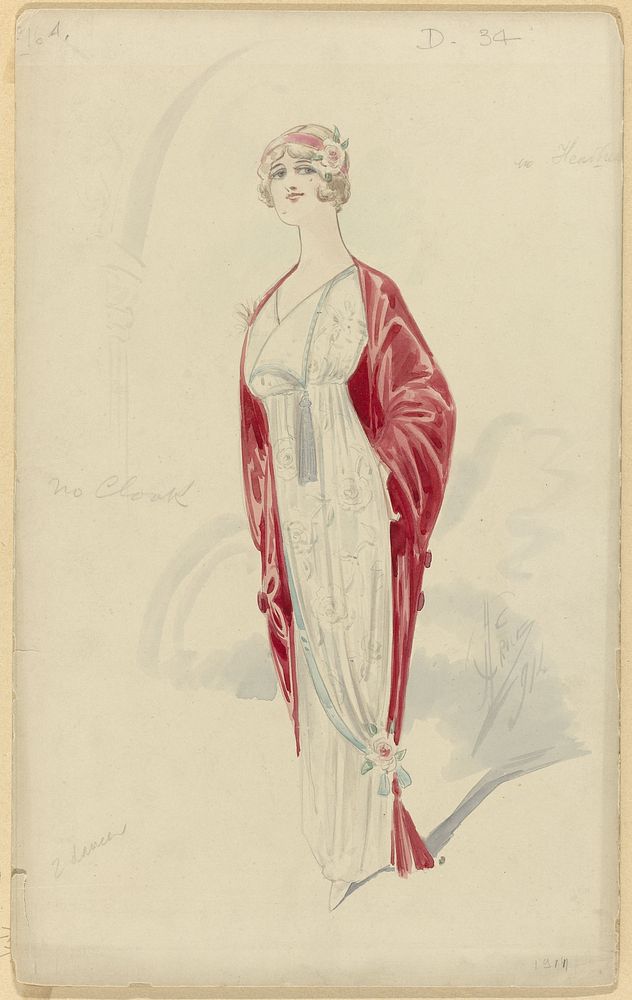 Vrouw in witte avondjurk met bloempatroon, 1914, No. D.34 (1914) by Price