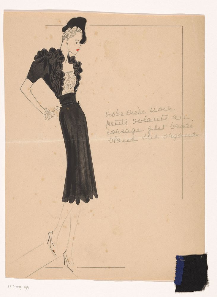 Robe crêpe avec petits volants au corsage, gilet brodé blanc sur organdi (1938 - 1939) by Marcel Dhorme