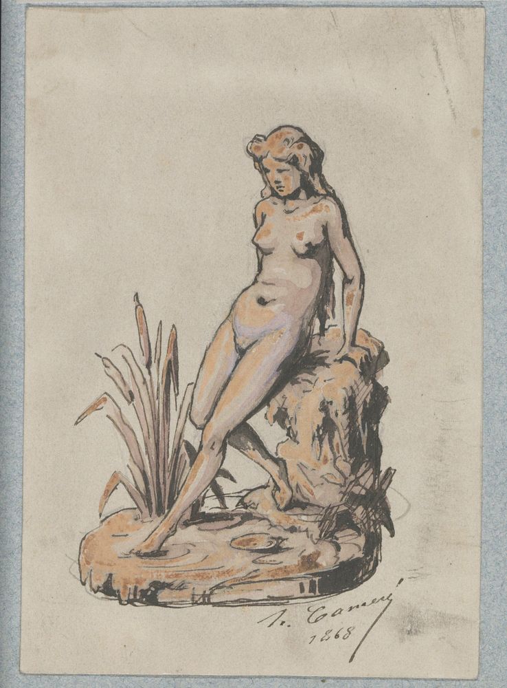 Beeld van een naakte vrouw, gezeten op een rots bij rietpluimen (1868) by Henri Cameré