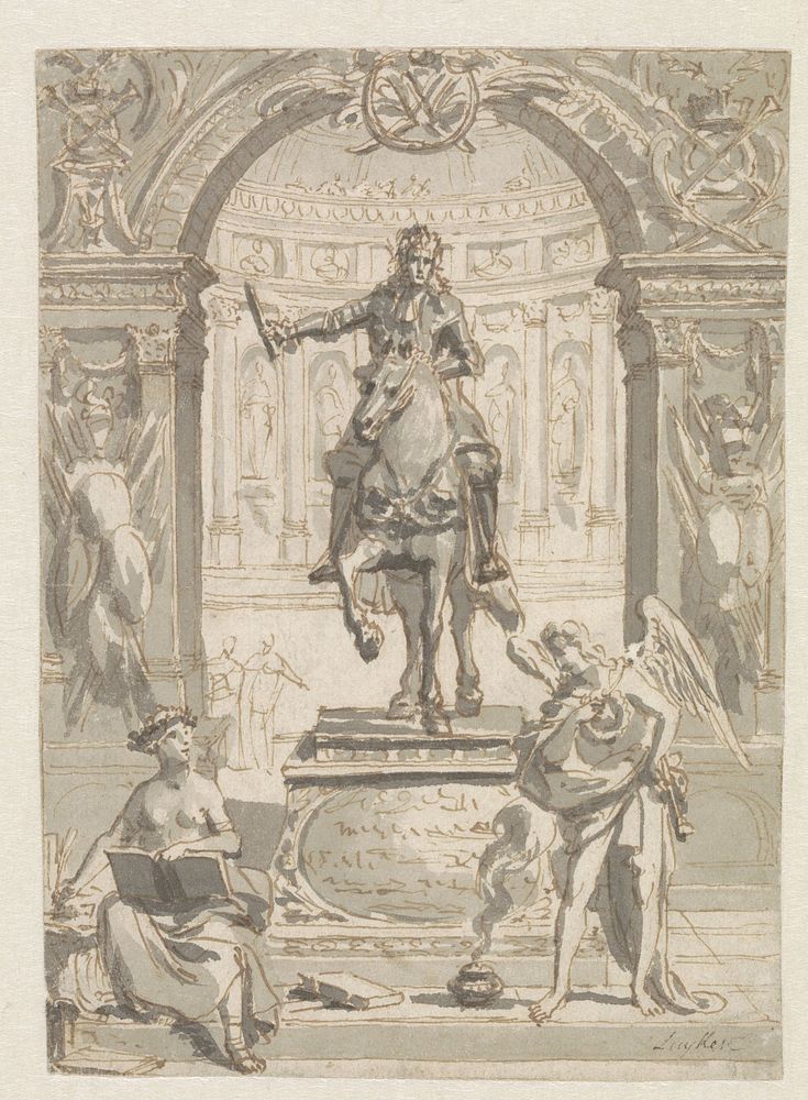 Stadhouder-koning Willem III te paard met allegorische figuren; verworpen ontwerp voor het frontispiece van: Lukas Rotgans…