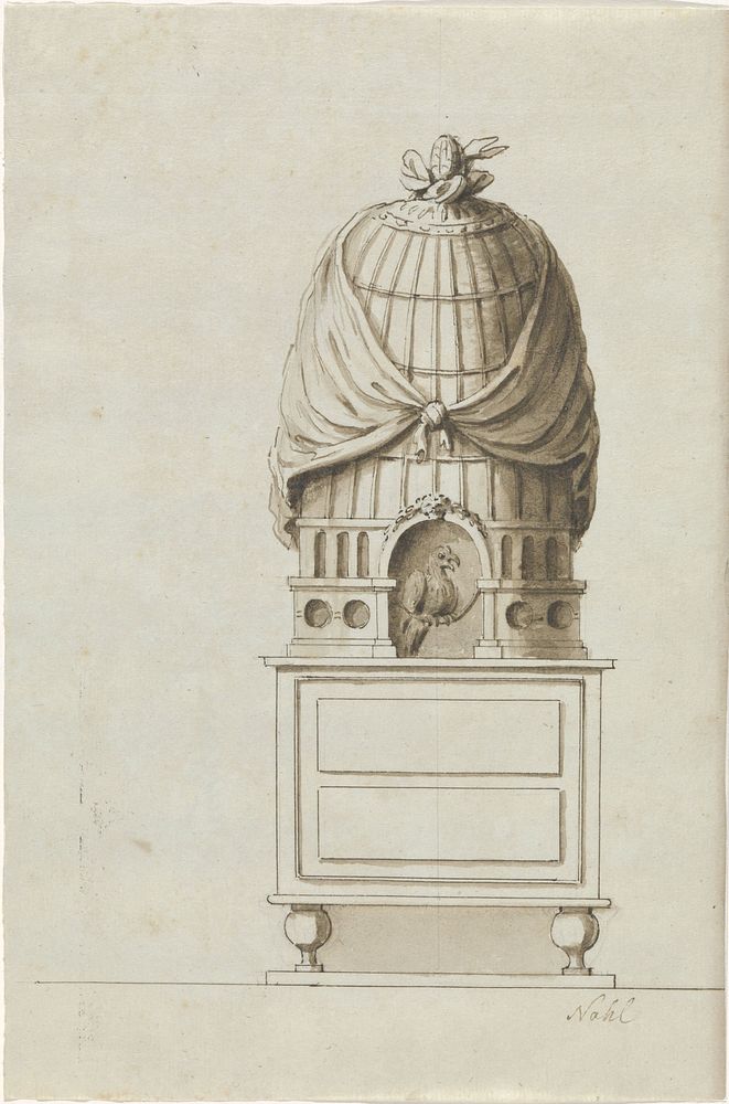 Ontwerp voor een kachel met een vogelkooi (c. 1775 - c. 1785) by Johann Samuel Nahl