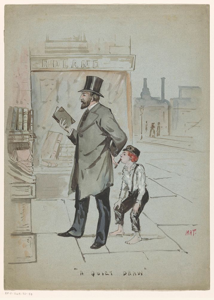 Jongen neemt stiekem een trekje van de sigaar van een man die een boek bekijkt (c. 1900 - c. 1950) by Mat