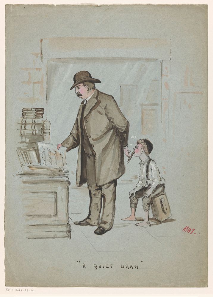 Jongen neemt stiekem een trekje van de sigaar van een man die bladmuziek bekijkt (c. 1900 - c. 1950) by Mat