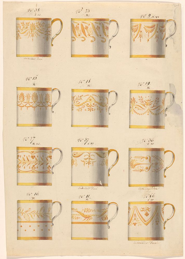 Ontwerp voor de beschildering van twaalf porseleinen koffiekoppen (c. 1800 - c. 1820) by anonymous
