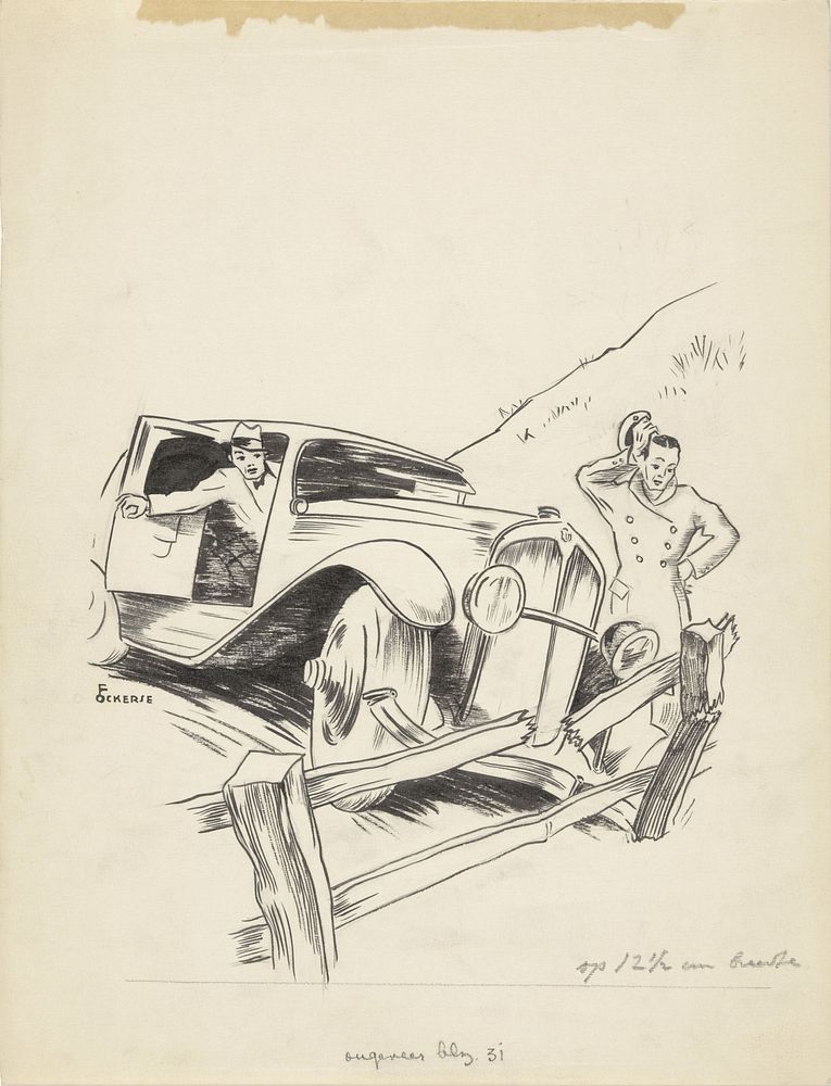Mannen rijden met een auto tegen een hek (c. 1930 - c. 1940) by F Ockerse