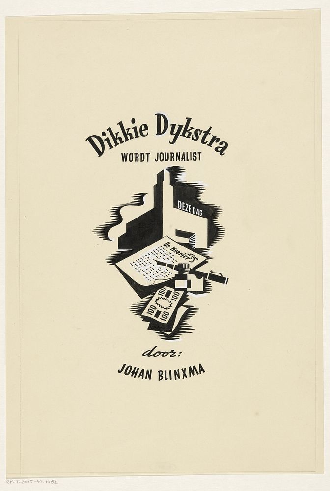 Ontwerp voor een titelpagina voor: Johan Blinxma, Dikkie Dijkstra wordt journalist, c. 1947 (in or after 1947) by Eddy de…