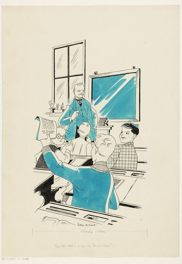 Dikkie houdt een krant omhoog in een klaslokaal (in or after 1947) by Eddy de Smet