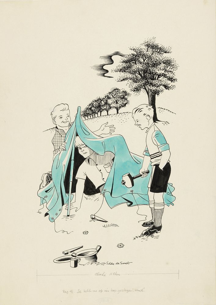 Drie jongens zetten een tent op (in or after 1947) by Eddy de Smet