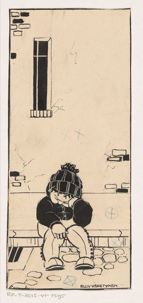 Zittende jongen op een stoep (c. 1900 - c. 1930) by Elly Verstijnen