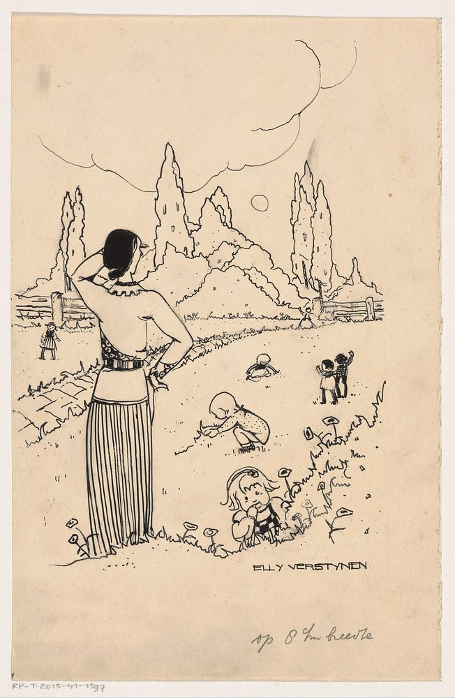 Vrouw en spelende kinderen in een weide (c. 1900 - c. 1930) by Elly Verstijnen