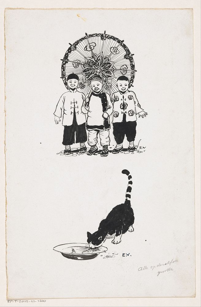 Drie Chinese jongens en een etende kat (c. 1900 - c. 1930) by Elly Verstijnen